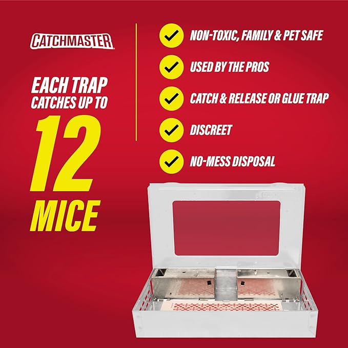 Catchmaster Pro Series Multi-Catch Mouse Trap, Humane Mouse Trap Indoor for Home, Includes 1 Replaceable Glue Board, Pet Safe Pest Control, Live Catch for Garage & Shed (White)