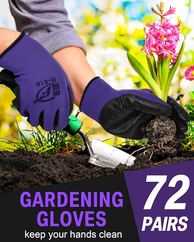 72 Pairs Gardening Work Gloves Bulk for Men Women, Rubber Coated Garden Multipack Safety Construction Glove