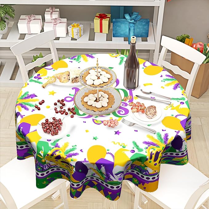 Giwawa Mardi Gras Round Tablecloth 60 Inch, Carnival Mask Balloon Table Cover Seasonal Festival Holiday Kitchen Dining Table Decoration for Indoor Outdoor Home Party Decor