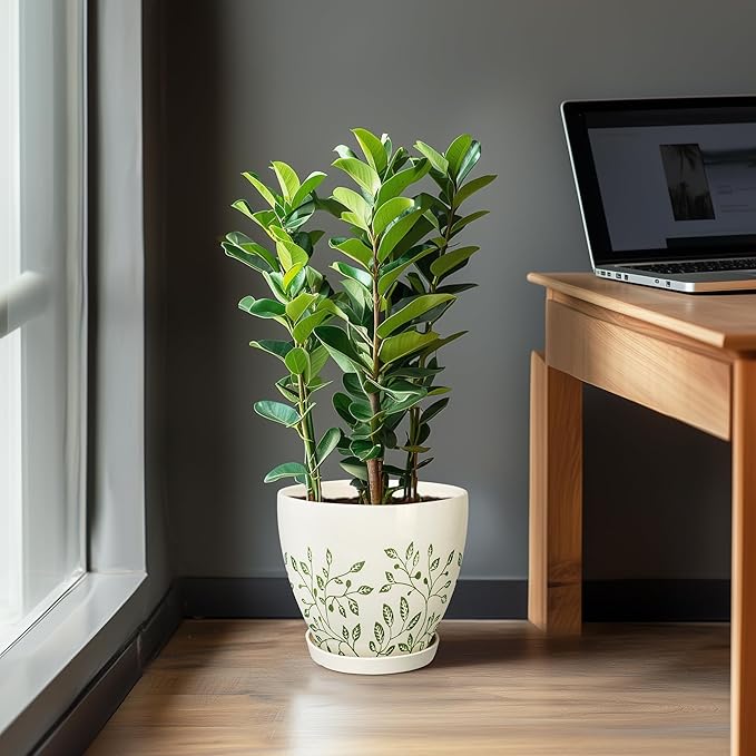 10 Inch Ceramic Planter - Ceramic Plant Pot for Indoor Outdoor Plants, Boho Round Indoor Flower Pot with Drainage Hole and Saucer, Gifts for Plant Lovers, Home Garden Apartment Decor, White