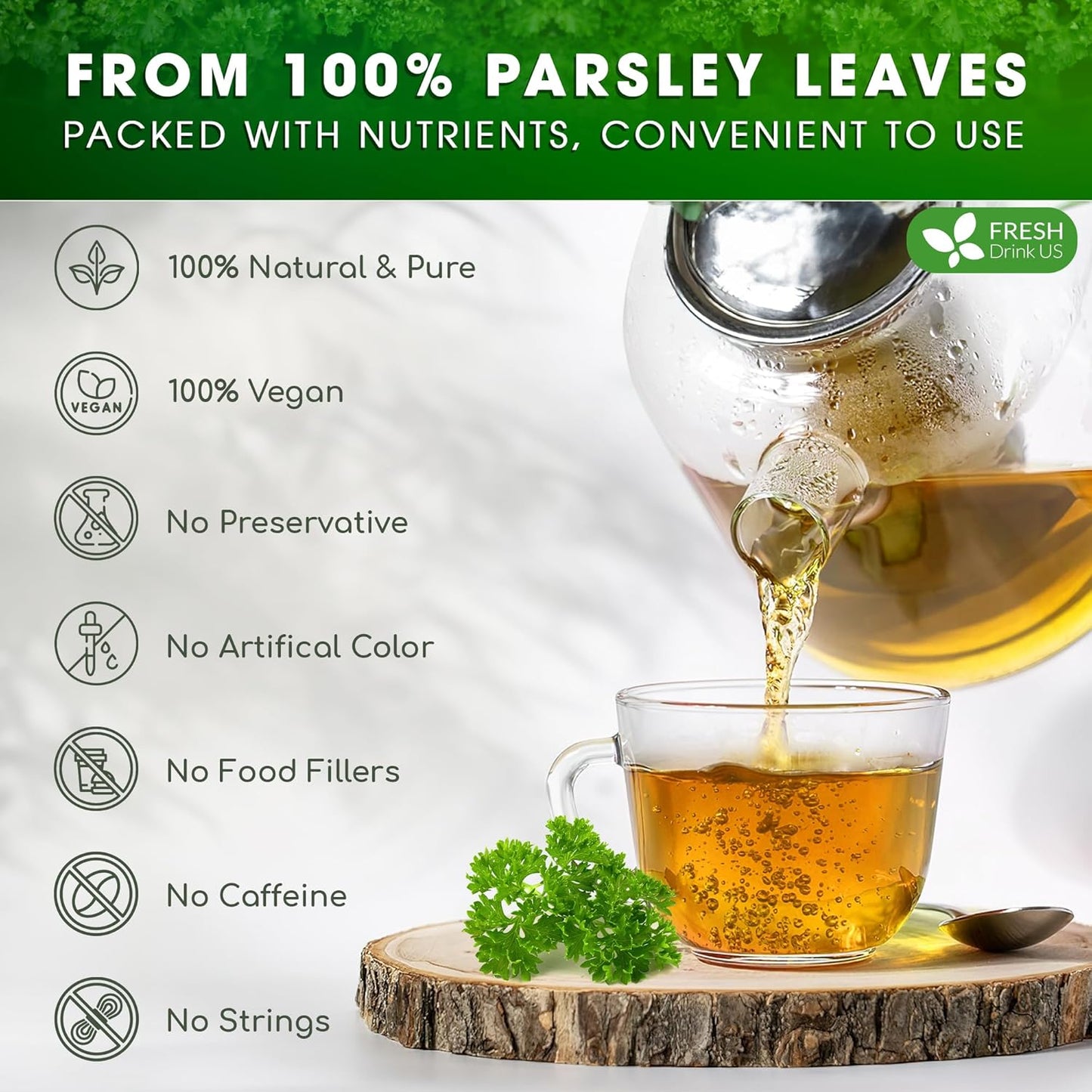 FreshDrinkUS, Premium 15 Parsley Leaf Tea Bags, 100% Natural & Pure from Parsley Leaves. Loose Leaf Parsley Herbal Tea. Made with Natural Material Tea Bags. No Sugar, No Caffeine, No Gluten, Vegan.