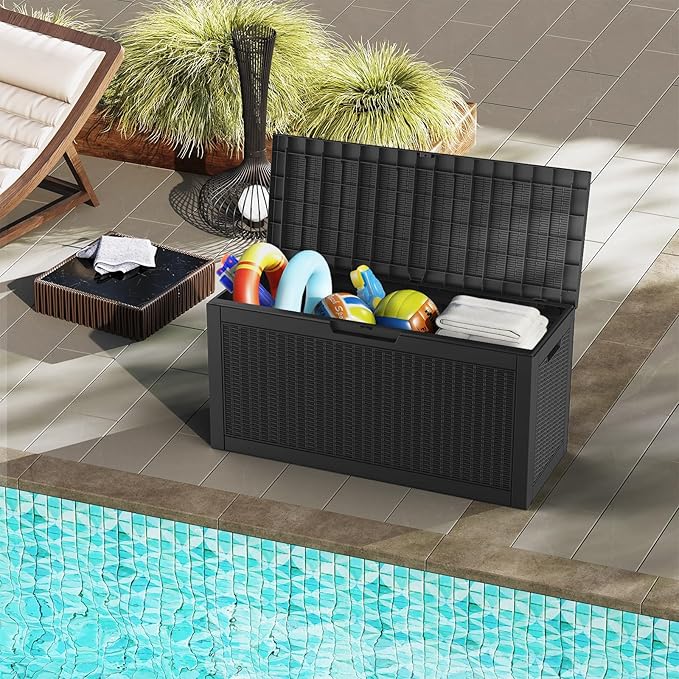 Mars Villa Deck Box, Waterproof Weatherproof and UV Resistant Resin Storage Bin with Lockable Lid, Ideal for, Outdoor, Patio Furniture Cushions, Pool Supplies, Garden Tools (60 Gallon, Black)