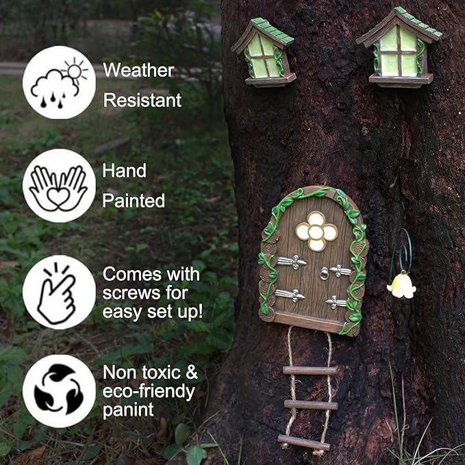 Fairy Door and Windows Garden Kit Accessories Outdoor, Glow in Dark Gnome House for Tree, Lawn Yard Art Sculpture, Miniature Garden Decor (Ladder)