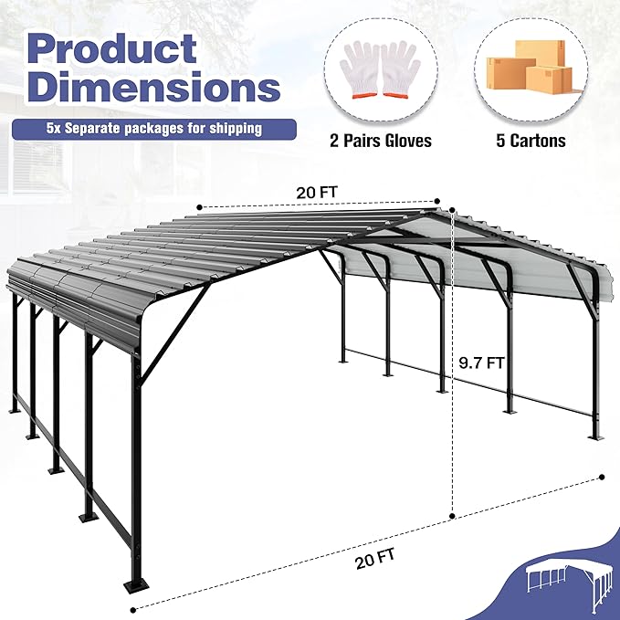 JY QAQA 20 x 20 FT Heavy Duty Metal Carport Canopy with Galvanized Steel Roof, Outdoor Car Tent Metal Garage Shelter for Car, SUV, Trucks and Boats