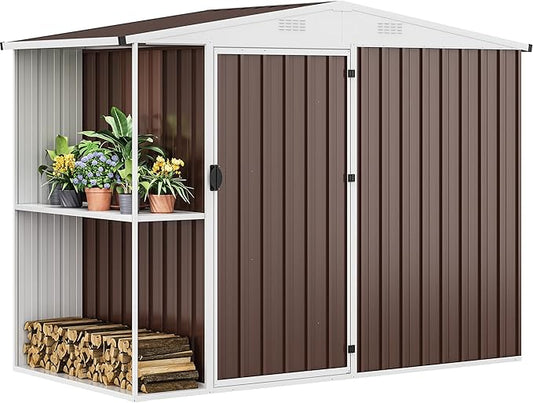 DWVO Outdoor Storage Shed 8x4FT with Rack, Metal Garden Shed with Storage Shelves, Bike Storage Tool Cabinet Box for Lawn Backyard Patio Use, Brown