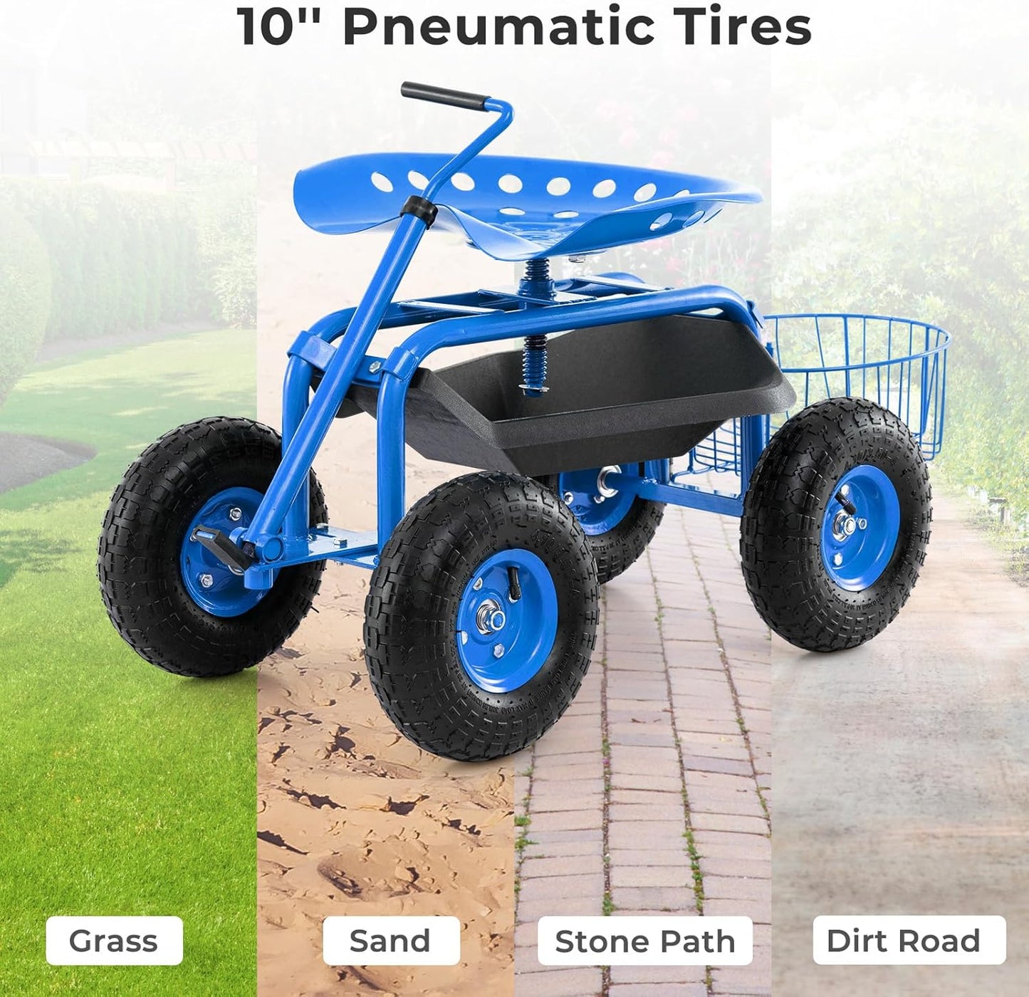 Rolling Garden Seat, Garden Stool with Wheels, Extendable Handle, Storage Basket & Tool Tray, Garden Scooter with 360 Degree Swivel Seat for Outdoor, Garden & Yard (Blue)