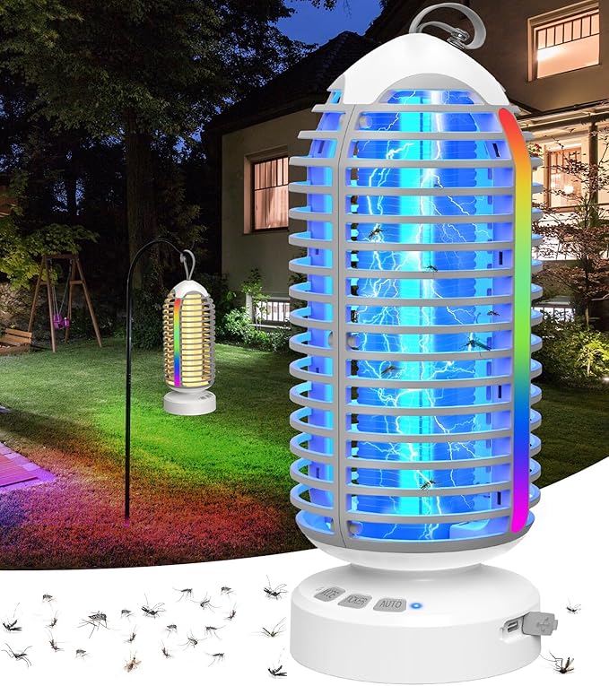 Bug Zapper Outdoor with Colorful Lighting and Auto-Sensing, 3 in 1 Cordless 4000mAh Battery Electric Fly Trap, Rechargeable Mosquito Zapper for Camping, Patios, Garden, Kitchen (2Pack-Grey)