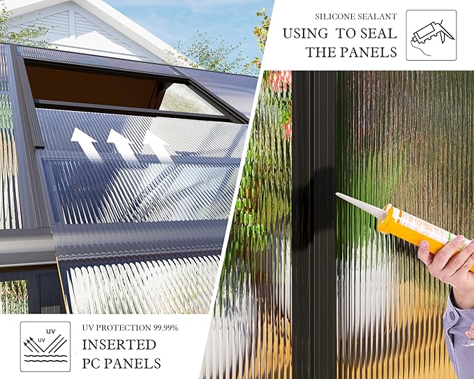 AMERLIFE 8x12x7FT Polycarbonate Greenhouse, Walk in Greenhouse with Quick-Connect System, Green House with 4 Vent Windows and Swing Lockable Door, Greenhouses for Outdoors, Sunroom Black