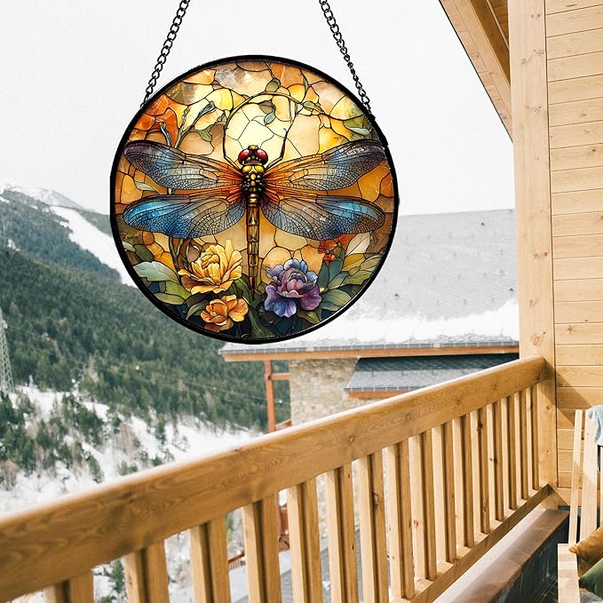 Stained Glass Window Hanging - Orange Blue Dragonfly Flower Suncatcher for Doors Window Home Sun Catchers Decor Christmas Mother's Day Birthday Outdoor Gifts for Women Men Mom Nana 7.8 in