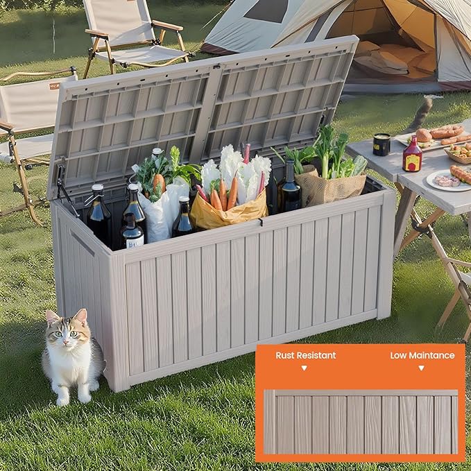 180 Gallon Outdoor Storage Box - Waterproof Resin Deck Box for Patio Cushions & Garden Tools - Lockable & Durable Outdoor Storage Bin - Stylish Grey Design