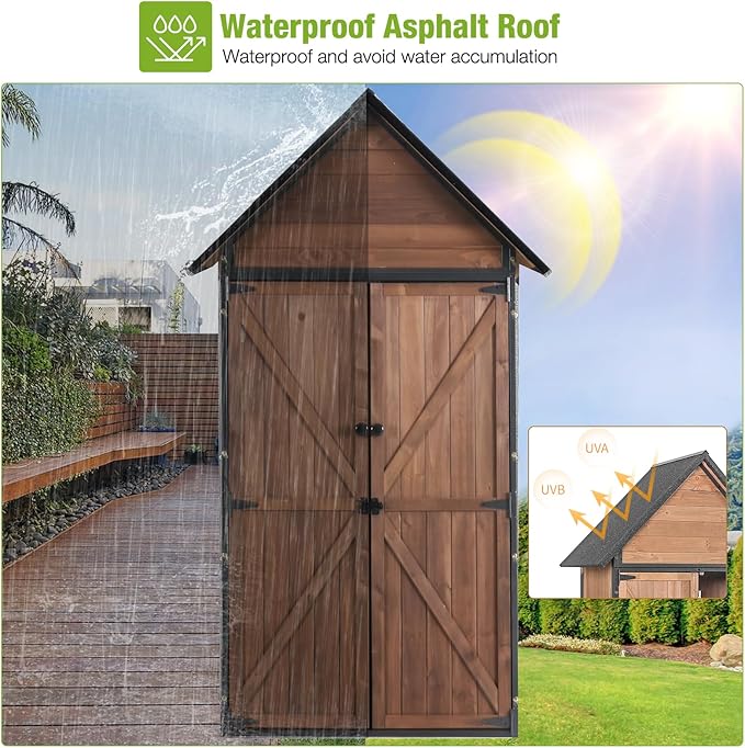 GUTINNEEN Outdoor Storage Shed with All Around Strong Metal Frame, Garden Tool Sheds Cabinet with Floor & Adjustable Shelves, Wooden Tool House for Backyard Garden Patio Lawn (Dark Brown)