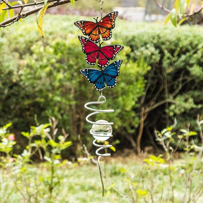 18" Wind Spinner Hanging Metal Figurine Spinner with Glass Ball for Garden Décor, Wind Sculptures & Spinners for Indoor Outdoor Garden Ornament, Butterfly