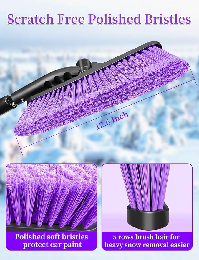 HEEYA Snow Brush for Car, Extendable Snow Brush and Ice Scraper with Foam Grip, Car Window Scraper for Snow and Ice for SUV Truck Auto Jeep RV Vehicle Windshield - Purple