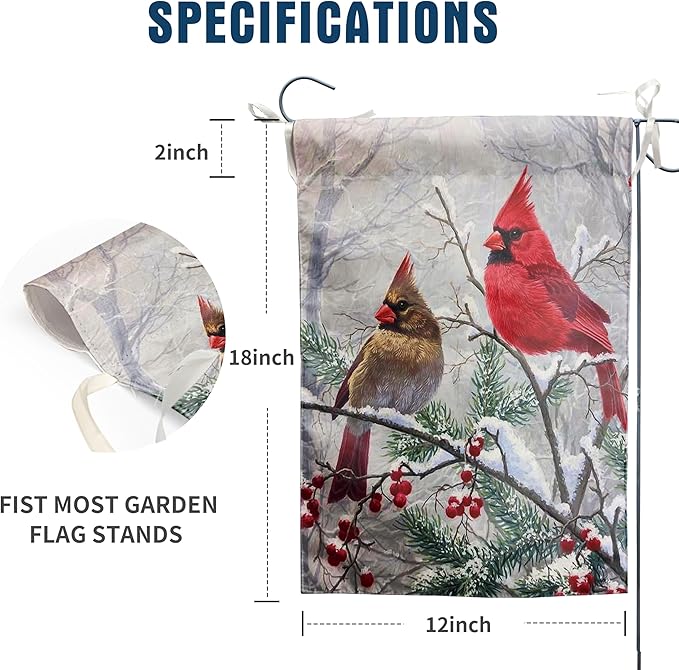Winter Cardinal Bird Garden Flags Christmas Banners for Outside 12x18 Double Sided Red Birds on Tree Branch Flag Welcome New Year Yard Flag Farmhouse Outdoor Decor