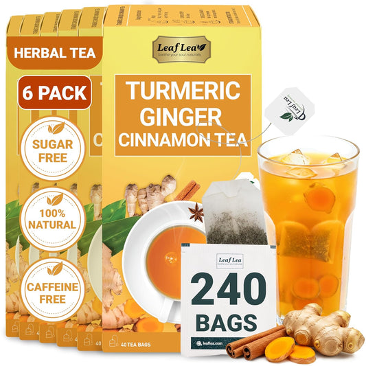 LeafLea 240 Turmeric Ginger Tea Bags, 100% Natural Herbal Blend with Cinnamon, Supports Digestion and Immune Health, Warm and Spicy Flavor, Sugar-Free, Caffeine-Free, Non-GMO, Pack of 6