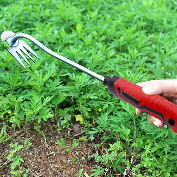Generic 2PCS Weed Removal Tool, Garden Weeding Tools Manganese Steel Hand Weeder Tool with Rubber Handle, 4 Teethes Dual Purpose Manual Weeders Tool Weed Pulling Tool for Garden