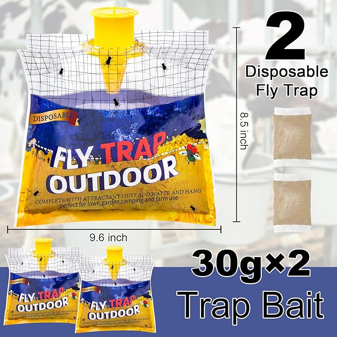 Disposable Fly Traps 6 Pack Big Bags Outdoor, Flies Catcher Traps with Natural Pre-Bait Refill Repellent, Stable Horse Ranch Trapper Outdoor Hanging Fly Killer Helps Control Flies