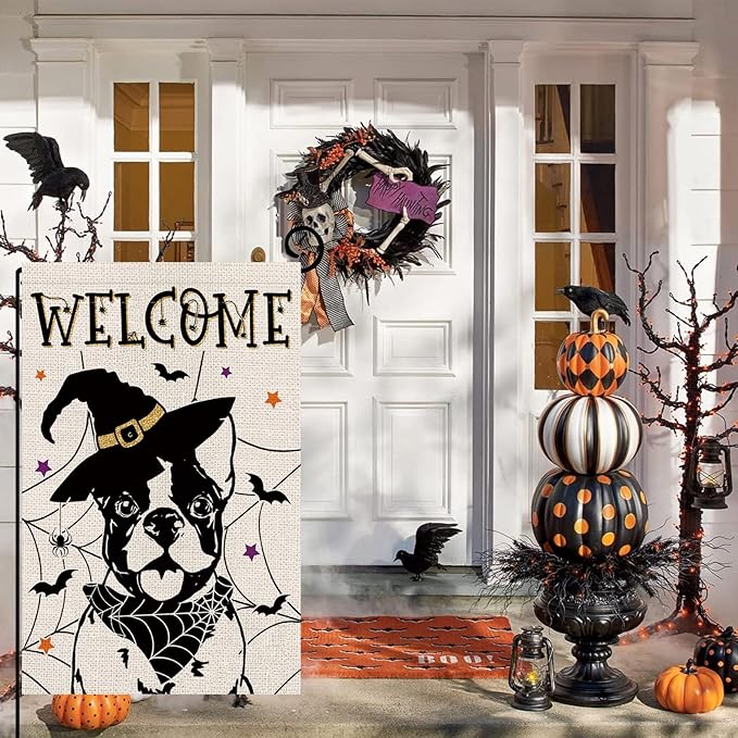 Halloween Garden Flag Boston Terrier Cobweb Bats Double Sided Vertical Welcome Flag Holiday Outdoor Yard Lawn Decorations 12.5 x 18 Inch