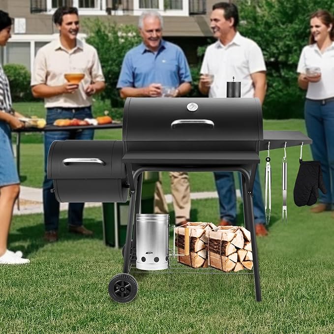 Charcoal Grill with Offset Smoker,BBQ Grills with Side Table,Outdoor Cooking with 714 Square Inches,Backyard Camping Picnics, Patio and Parties, Black by DNKMOR