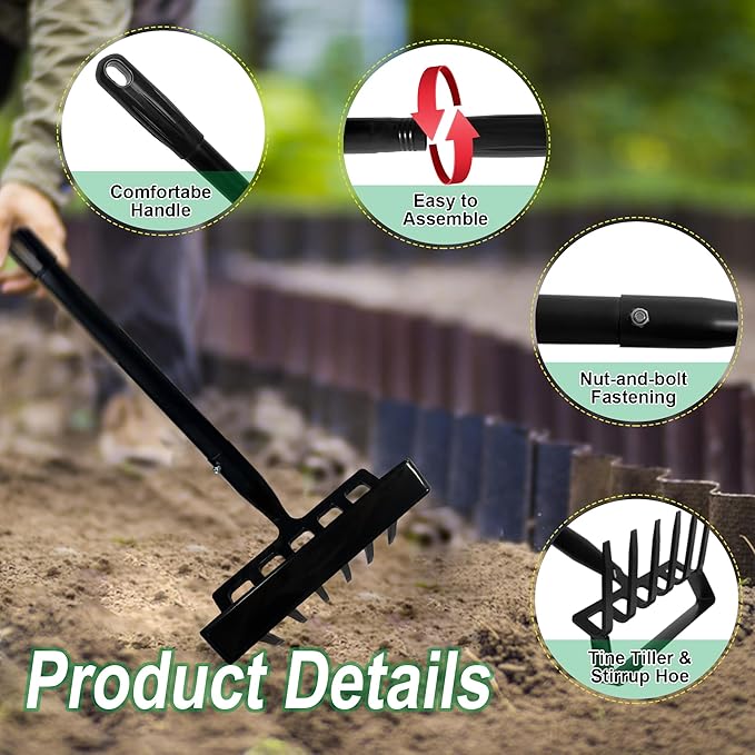 6-Tines Rake and Stirrup Hoe, Metal Garden Hula Hoes Tiller Rake Tool with Adjustable Long Handle, Action Scuffle Loop Hoe for Weeding, Digging, Loosening Soil