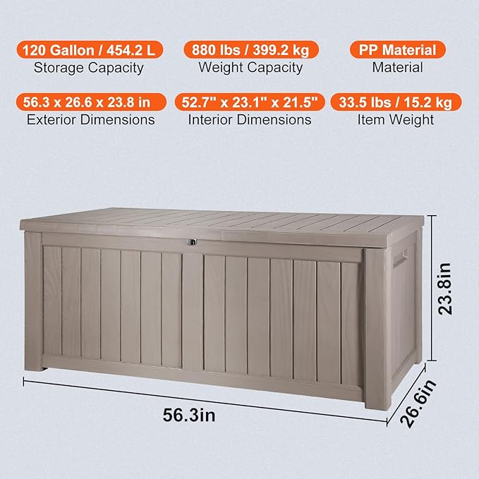 VEVOR Deck Box, 120 Gallon Outdoor Storage Box, 56.3" x 26.6" x 23.8", Waterproof PP Deckbox with Aluminum Alloy Padlock, for Patio Furniture,Garden Tools, Outdoor Cushions, Gray