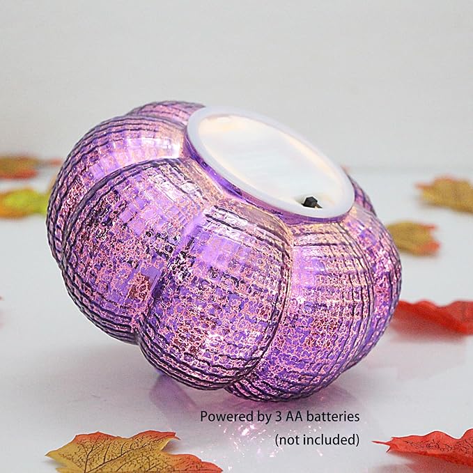 Mercury Glass Pumpkin Lights with Timer, Battery Operated Led Pumpkin Lights for Halloween Fall,Thanksgiving Rustic Decor (Purple Grid-Patterned, 5.5")
