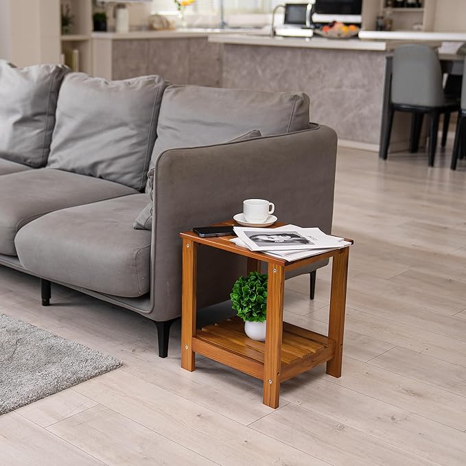 Utoplike Teak Side Table Outdoor, Patio End Table Double Layer, Wooden Coffee Accent Tables for Backyard, Garden, Bed, Living Room, Couch, Two-Tier