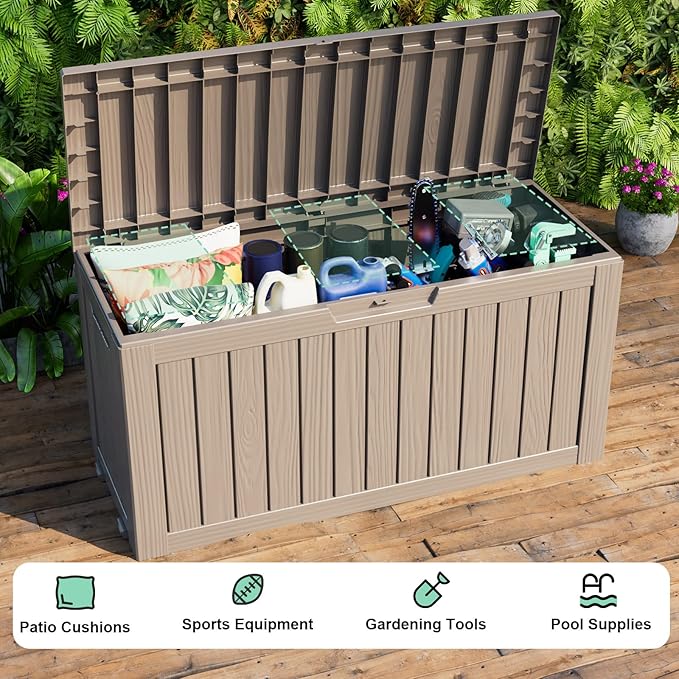 ROJIK Outdoor Storage Housing Deck Box - Waterproof Patio Furniture, Garden Tools, Cushions, Pool Accessories Storage Bench with Lockable Lid and Side Handles (Grey 78 Gal)