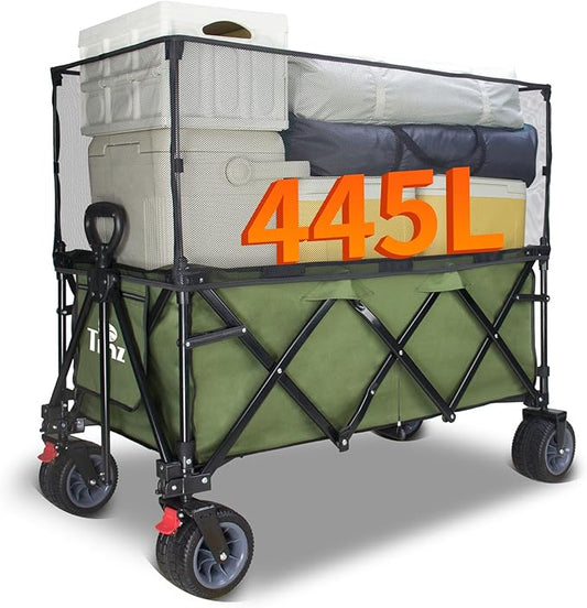 TMZ Collapsible Wagon 445L Extra Large Outdoor Utility Cart, Heavy Duty Carts Foldable with All-Terrain Big Wheels, Canopy and Brakes, Utility Beach Wagon for Outdoor Garden (Green)