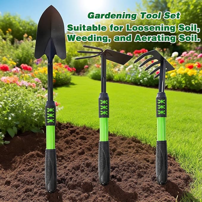 Garden Tools Set, 3 Pack Heavy Duty Gardening Tools Set Include Garden Shovel, Transplant Trowel and Hand Rake with Ergonomic Handle, Aluminum Alloy Lawn for Planting, Green
