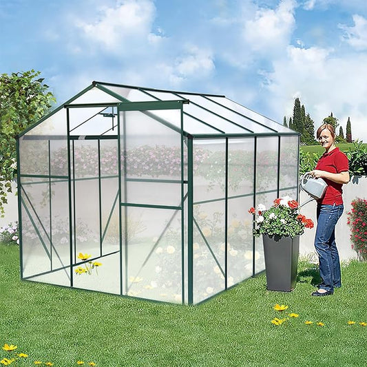 8x6 FT Greenhouses for Outdoors, Outside Heavy Duty Walk in Green House for Garden Plants, UV Protection Adjustable Roof Vent, Thermostatic Waterproof and Insect Resistant, Green