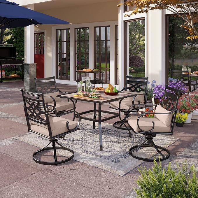 PHI VILLA Patio Dining Set for 4, 5 PCS Outdoor Dining Sets - 1 Square 37"x37" Dining Table (1.57in Umbrella Hole) & 4 Swivel Dining Chairs,Metal Patio Furniture for Outdoor Kitchen Lawn and Garden