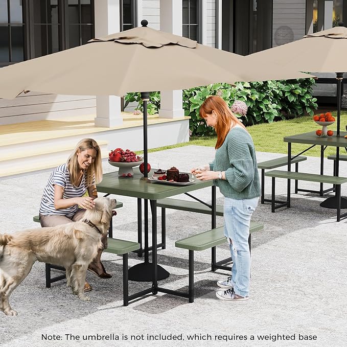 Giantex Picnic Table Bench Set for 4-8 People, 34" Outdoor Square Dining Table & 2 Benches w/Umbrella Hole, HDPE Tabletop, Metal Frame, Patio Camping Furniture for Backyard Porch Lawn (Green,Square)