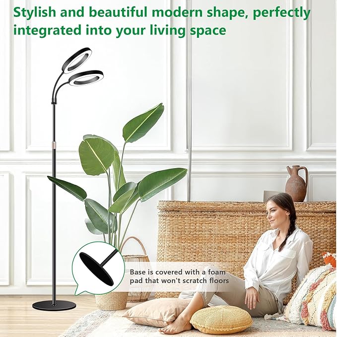 Large Plant Light for Indoor Plants, 2 Head Full Spectrum Grow Light with 68" Adjustable Stand for Growing Large Tall Plants, Black Halo Floor LED Grow Lamp with 16 Hour Timer