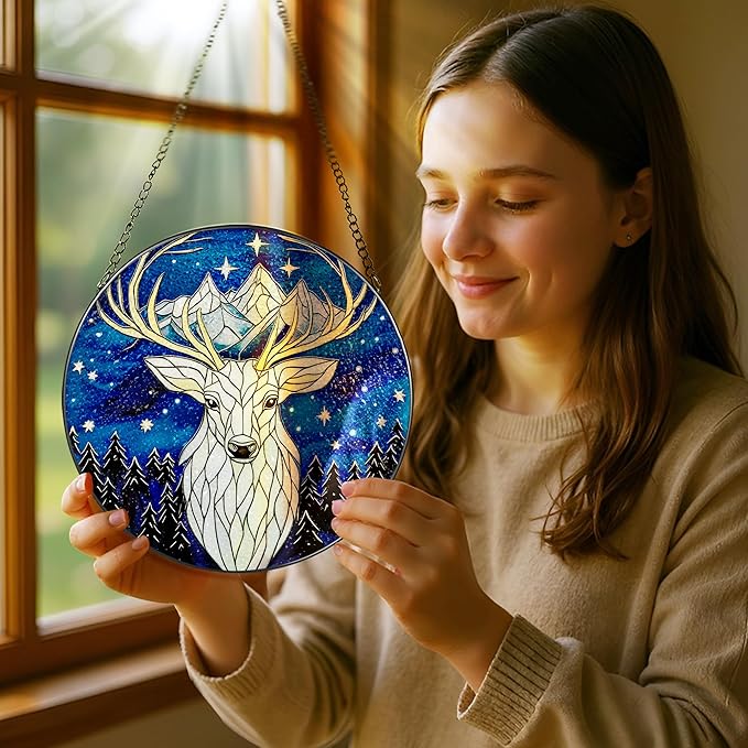 Stained Glass Window Hanging, Pauyadu 8 Inch Night Court Stained Glass Suncatcher, Sun Catchers Indoor Window, Home Decor for Windows, Nature Lover Gifts, Gifts for Women, Mom, Friend, Lover