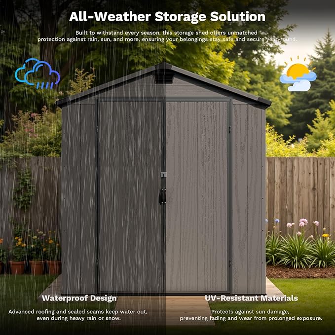 Patiowell 6 x 6 FT Plastic Outdoor Storage Shed with Floor, Resin Outside Tool Shed with Two Windows and Lockable Door for Garden, Backyard, Tool Storage Use, Easy to Install, Dark Grey