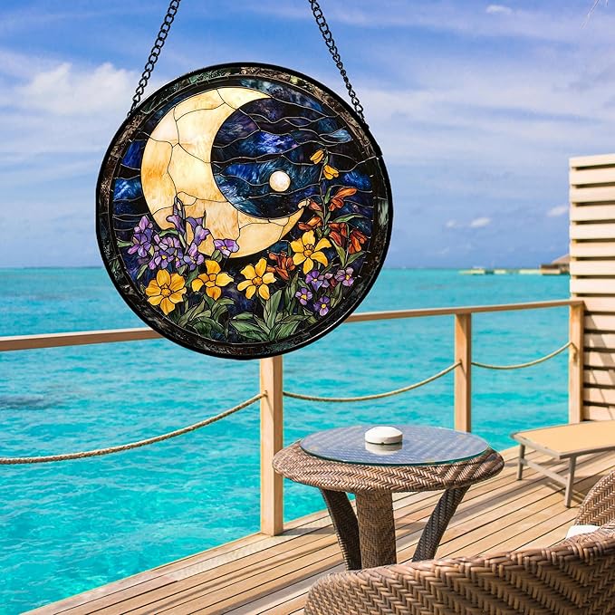 Stained Glass Window Hanging - Blue Night Sky Moon Suncatcher for Door Terrace Garden Home Decor Wildflowers Sun Catcher Birthday Gifts for Lovers Women Men Dad Mom Nana 9.8 in