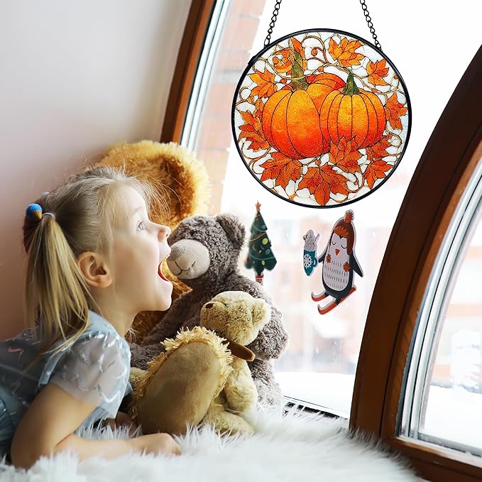 TNUW Fall Autumn Pumpkin Stained Glass Window Hanging, Farmhouse Autumn Pumpkin Maple Leaf Sun Catchers Indoor Window Glass Round Wall Art Decor, Rustic Fall Wall Hanging Decorations, 7.9＂x7.9＂