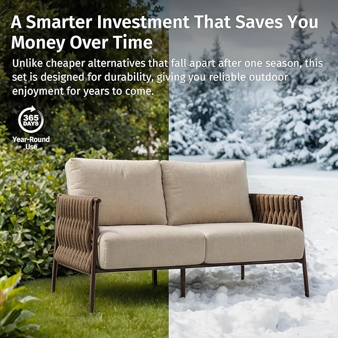 EAST OAK Outdoor Furniture | Life Chatter Loveseat | 2 Seater Sofa with 6.7" Thick Washable Cushions | Deep Seating Patio Furniture for Garden, Porch, Balcony & Backyard | Chestnut & Apricot