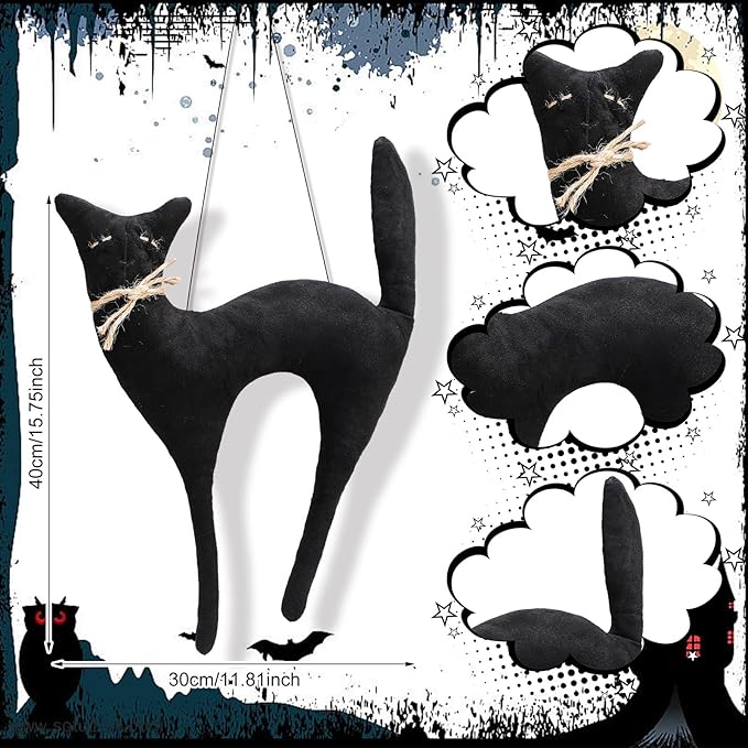 Suhine 16 Inch Halloween Black Cat Hanging Decoration Vintage Rustic Black Cat Wall Ornament Hanging Gifts Primitiva Retro Farmhouse Halloween Decoration for Door Indoor Wall Outdoor
