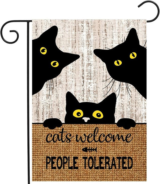 Black Cat Garden Flag Cats Welcome People Tolerated Sign Flag Halloween Banners for Outside 12 X 18 Double Sided Cat Lovers Gifts for Women