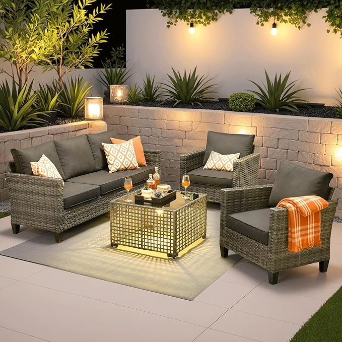 ovios 4 Pieces Patio Furniture Set Outdoor Sofa Couch with Solar Lights Table Comfy Cushions, Modern Deep Seat Wicker Rattan Conversation Set for Porch Deck, Black