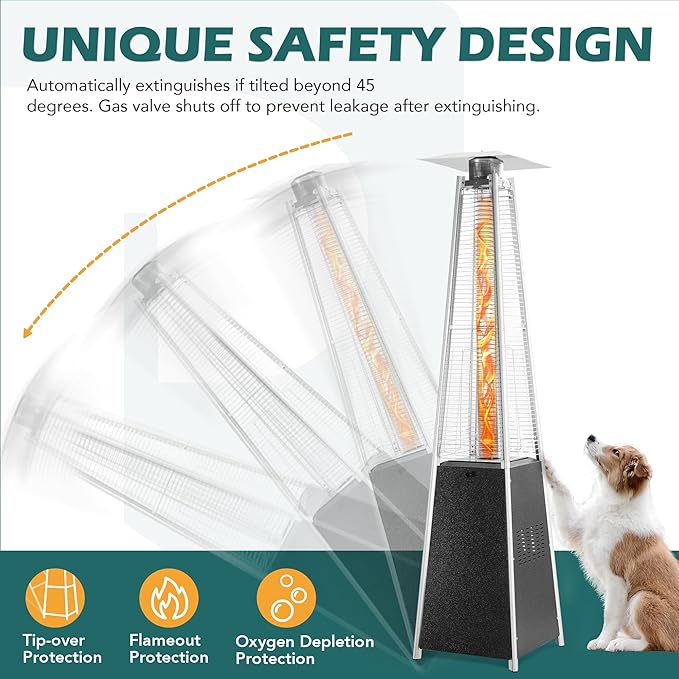 48,000 BTU Flame Pyramid Pool Heater, Triple Safety Protection with Patio Cover, Warm Glass Tube Portable Heater with Durable Wheels - Gray