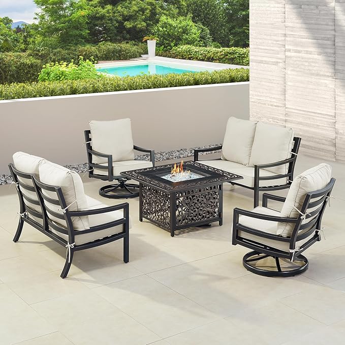 Oakland Living Black Aluminum Patio Fire Table Set with Two Deep Seating Loveseat with Cushions and Two Club Chairs with Light Grey Cushions