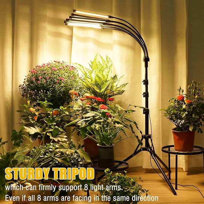 Grow Lights for Indoor Plants [ 8 in1 ], Full Spectrum Plant Lights for Indoor Growing with Tripod Stand, Auto On/Off Timing 4/8/12H, LED Grow Lights for Indoor Plants. (Sunlike 8 Arms)