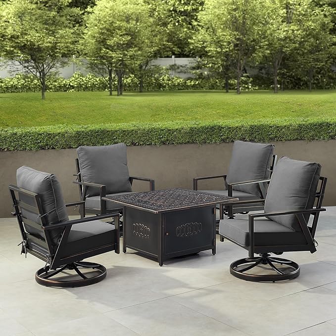 Oakland Living Black Aluminum Patio Fire Table Set with Four Club Chairs with Black Cushions
