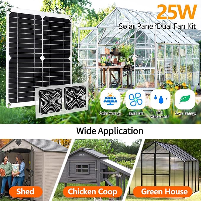 25W Solar Powered Fan for Chicken Coop, Plug Play, Solar Exhaust Fan for Shed, Greenhouse, Dog House, Kennel, Attic, Barn, Waterproof Ventilation with Strong Airflow, Easy Connector