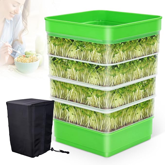 Creative.C Bean Seed Sprouter Kit Micro Greens Growing Trays with Sprout Lid Blackout Sleeves Drain Tray Four Tier Stackable Sprouts Growing Kit for Broccoli Alfalfa Seed Wheat Grass
