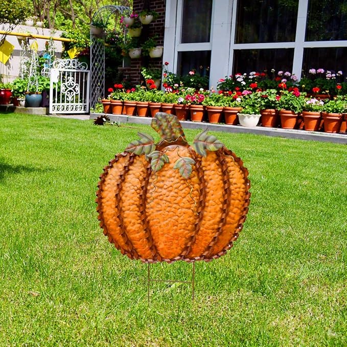 Morning View Metal Pumpkin Yard Stake Sign Fall Decor Decorative Rustic Pumpkins Garden Stakes Yard Decor Outdoor Thanksgiving Autumn Harvest Halloween Lawn Patio Decorations 26" Tall