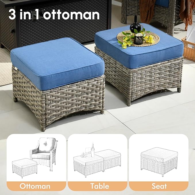 8 Pieces Patio Outdoor Furniture Set with Swivel Rocking Chairs,All Weather Wicker Rattan Patio Seating Sofa and Chair Set w/Ottoman,Outdoor Conversation Sets for Deck Yard Garden,Blue